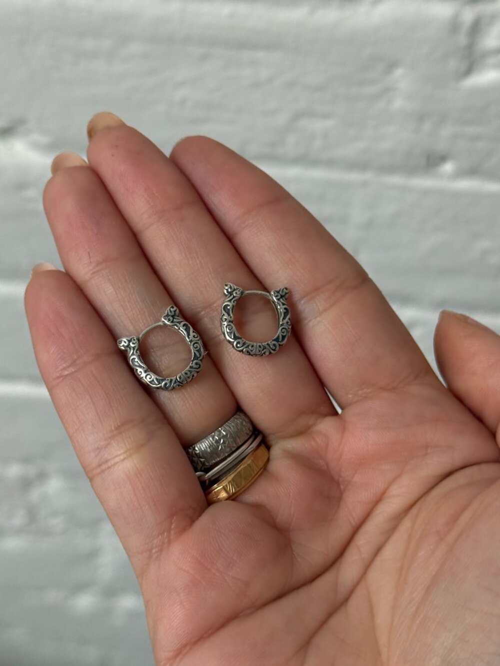 (SOLD)925 Silver Ornate Hoop Earrings Small Boho Vintage